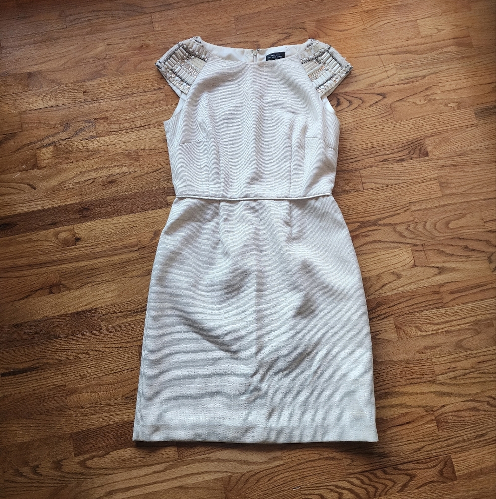 Tahari Sheath Dress - Cream Metallic with Beaded Accents Size 8